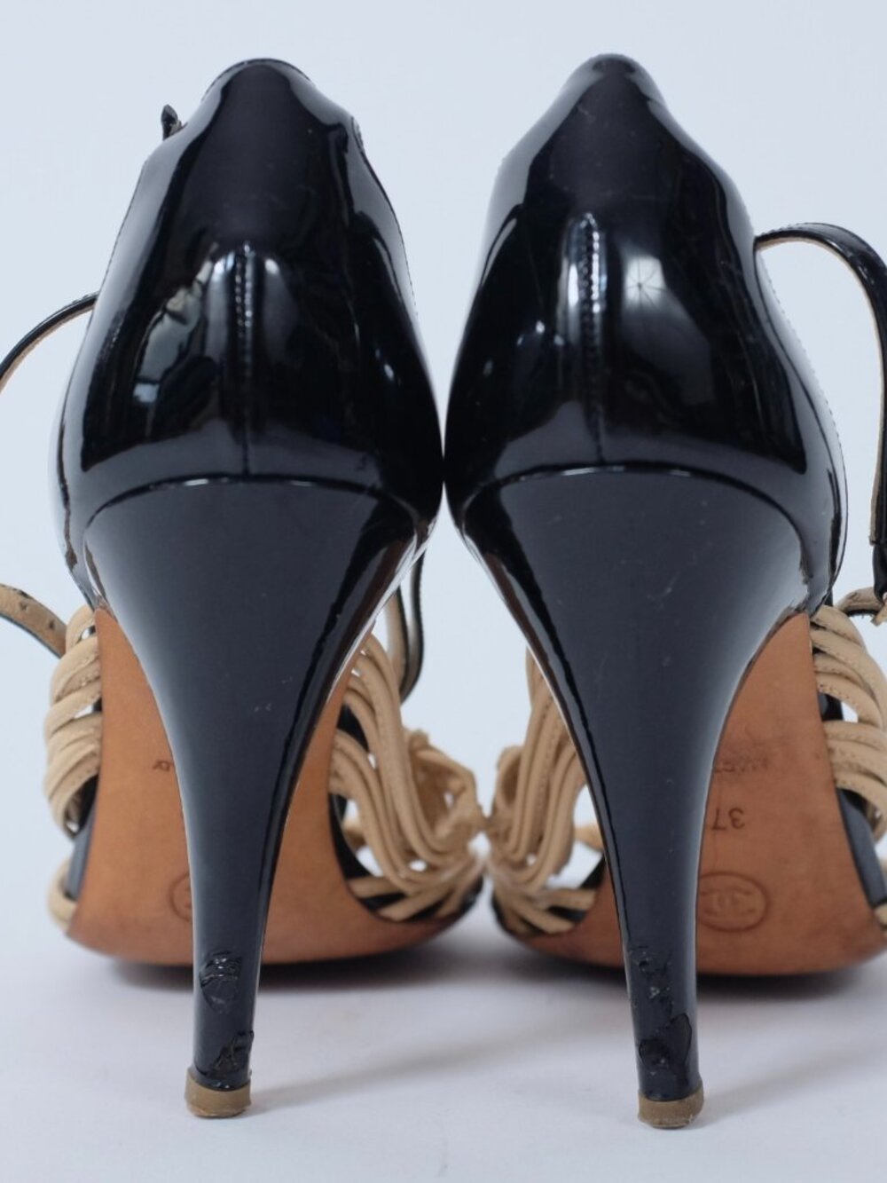 CHANEL shoes sandals 37.5 US 7 open toe strappy ankle strap black beige - Picture 7 of 7